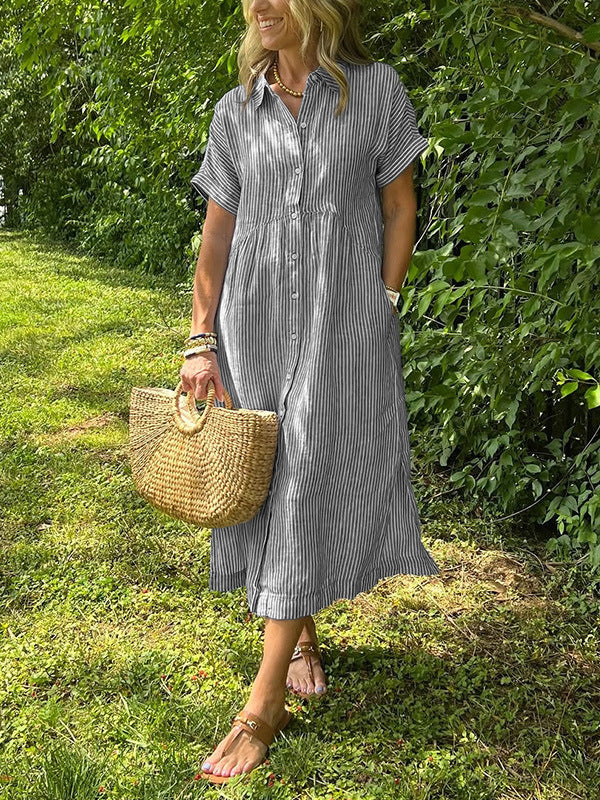 Saela™ – Vestido camisero de rayas con corte relajado y bolsillos laterales