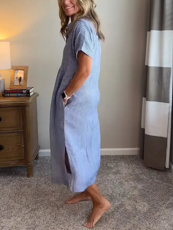 Saela™ – Vestido camisero de rayas con corte relajado y bolsillos laterales