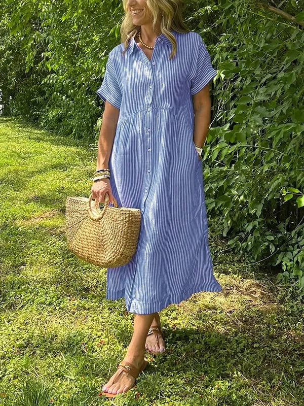 Saela™ – Vestido camisero de rayas con corte relajado y bolsillos laterales