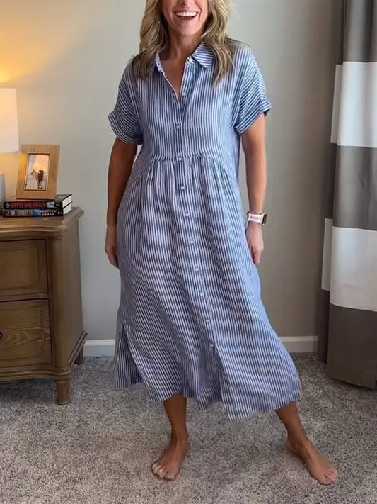 Saela™ – Vestido camisero de rayas con corte relajado y bolsillos laterales