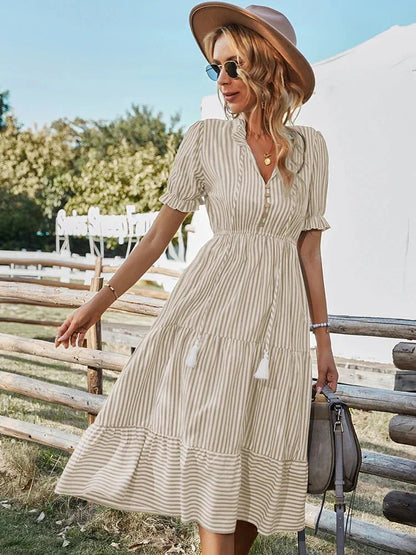 Soraya – Striped V - Neck Dress - E - moda